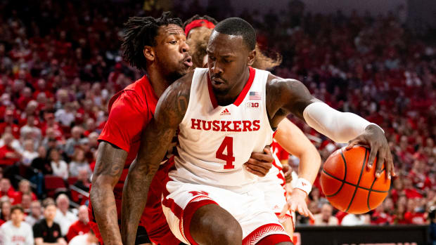 Mar 3, 2024; Lincoln, Nebraska, USA; Nebraska Cornhuskers forward Juwan Gary (4) drives against Rutgers Scarlet Knights guard Jeremiah Williams (25) during the first half at Pinnacle Bank Arena.